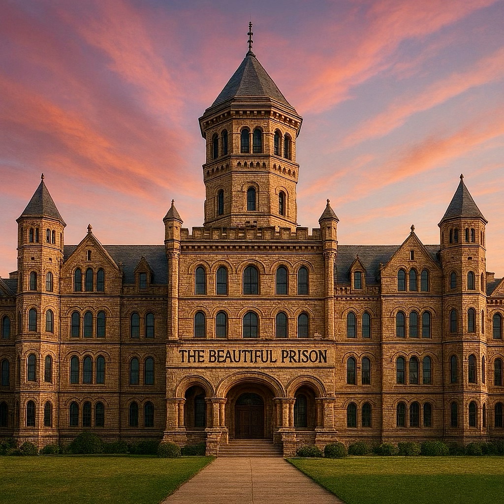 A Victorian Romanesque Revival institutional building with turrets and towers at sunset, with 'THE BEAUTIFUL PRISON' inscribed on its facade---architectural metaphor as literal architecture
